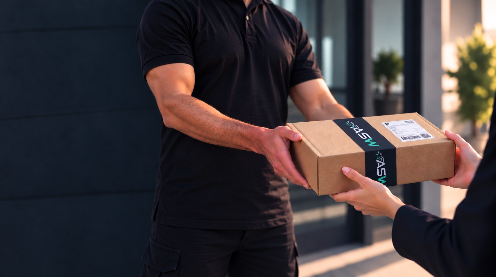 Ein Mitarbeiter übergibt ein braunes Paket mit ASW-Branding an eine Kundin