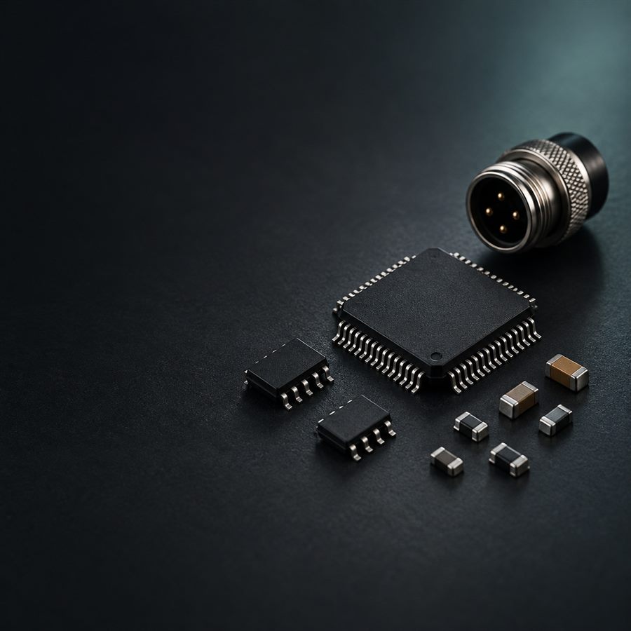 Ein schwarzer Mikrocontroller, kleinere Chipgehäuse, SMD-Bauteile und ein Rundsteckverbinder auf mattschwarzem Untergrund